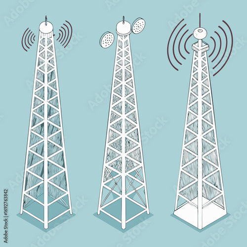 Eiffel Tower vector against a blue sky, showcasing its high steel structure and radio communications antenna