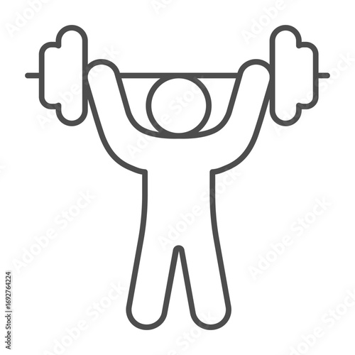 Barbell power lifting by athlete man thin line icon, body building concept. Vector graphics. Man holding barbell, champion sign on white background, outline style icon for mobile or web design.