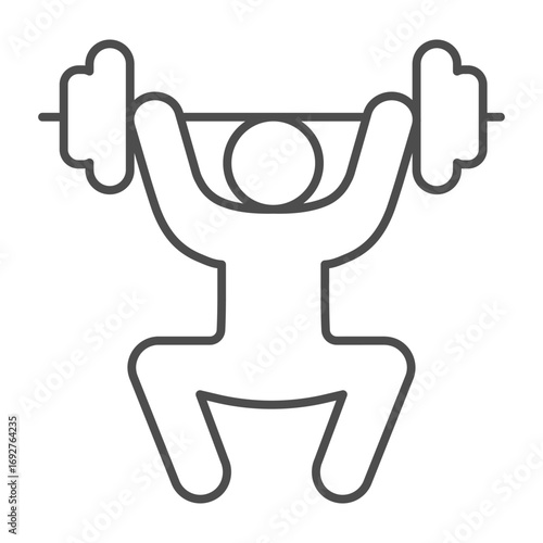 Barbell lifting by athlete man thin line icon, body building concept. Vector graphics. Human with barbell power uplifting sign on white background, outline style icon for mobile or web design.