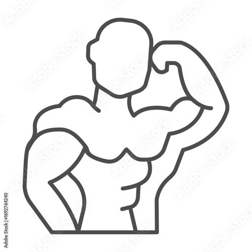 Muscular body of athlete man thin line icon, body building concept. Vector graphics. Bodybuilder man muscles sign on white background, outline style icon for mobile or web design.