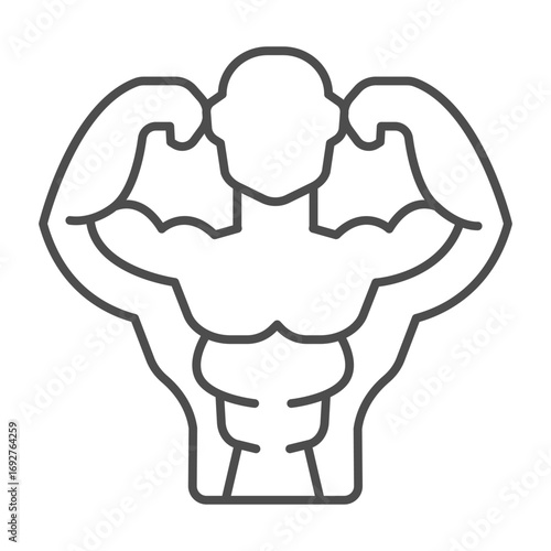 Muscular man thin line icon, body building concept. Vector graphics. Bodybuilder athlete with body muscles sign on white background, outline style icon for mobile or web design.