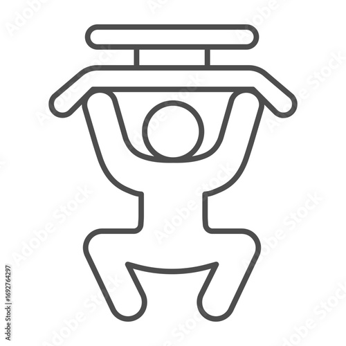 Athlete man in exercise machine thin line icon, body building concept. Vector graphics. Man power lifting for arms, training sign on white background, outline style icon for mobile or web design.