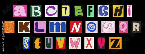 Retro ransom alphabet cut-out collage on black, colorful typography for poster design