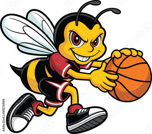 Aggressive cartoon bee playing basketball, fierce sports mascot, energetic insect athlete, basketball player action, competitive game, animated character, sporty flat vector illustration