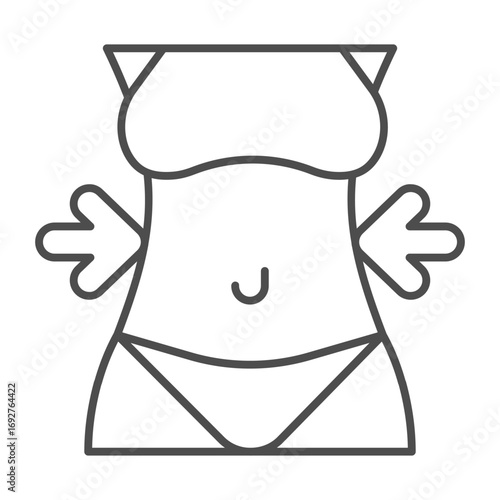 Woman figure with bikini and bra thin line icon, body building concept. Vector graphics. Diet arrows and waist measurement sign on white background, outline style icon for mobile or web design.