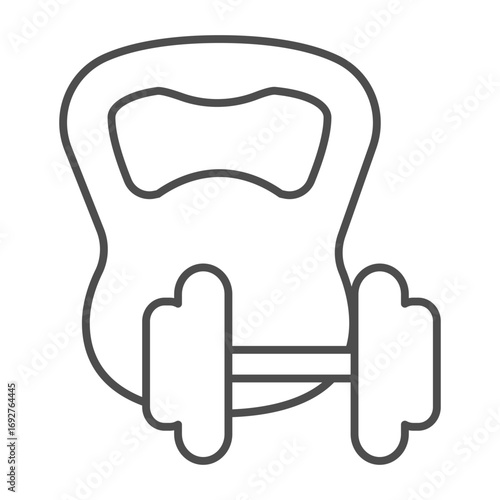 Heavy kettlebell and dumbbell thin line icon, body building concept. Vector graphics. Sport and training rig, equipment sign on white background, outline style icon for mobile or web design.