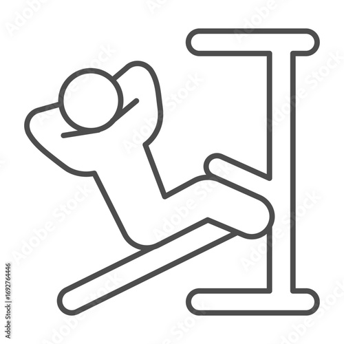 Man with exercise machine thin line icon, body building concept. Vector graphics. Athlete man doing abdomen training exercise sign on white background, outline style icon of mobile or web design.