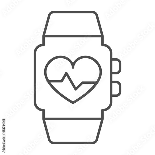 Smart watch thin line icon, body building concept. Vector graphics. Fitness bracelet, mini device with heartbeat rate sensor sign on white background, outline style icon for mobile or web design.