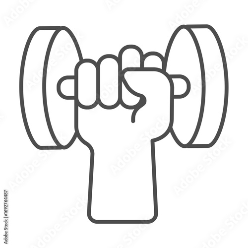 Small dumbbell in hand thin line icon, body building concept. Vector graphics. Hand with small dumbbell, sport training sign on white background, outline style icon for mobile or web design.