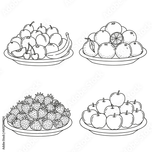 Vector icons of fruit plates with apples, bananas, strawberries and oranges.  