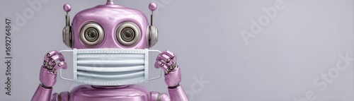 A shiny pink robot wearing a medical mask, holding the mask in front of its face, set against a simple gray background with space for text, cute doctor robot