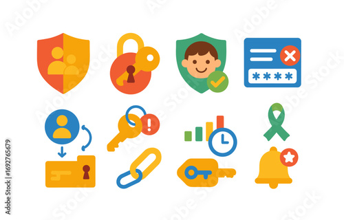 Security and privacy flat icon set. safe networking, access control, alert icons collection