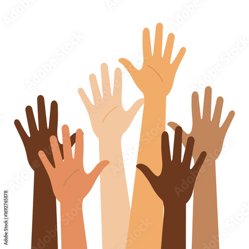 "Diverse Raised Hands Illustration Symbolizing Unity and Inclusion"