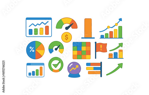 Data analytics flat icon set. charts, graphs, statistics icons flat collection