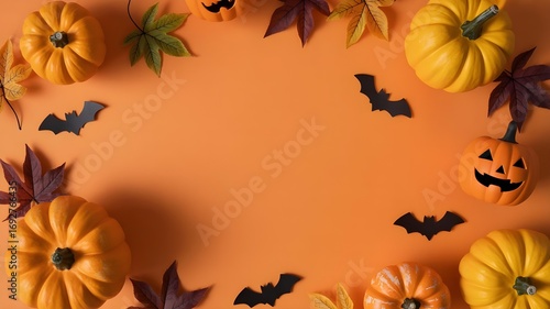 Halloween themed pumpkins, bats and leaves arranged on an orange background