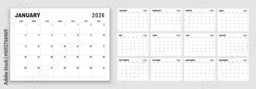 Monthly calendar for 2026 year, calendar week start on Sunday