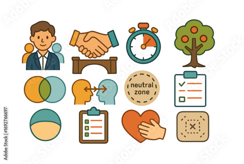 Business, communication flat icon set. teamwork, strategy tools in flat design