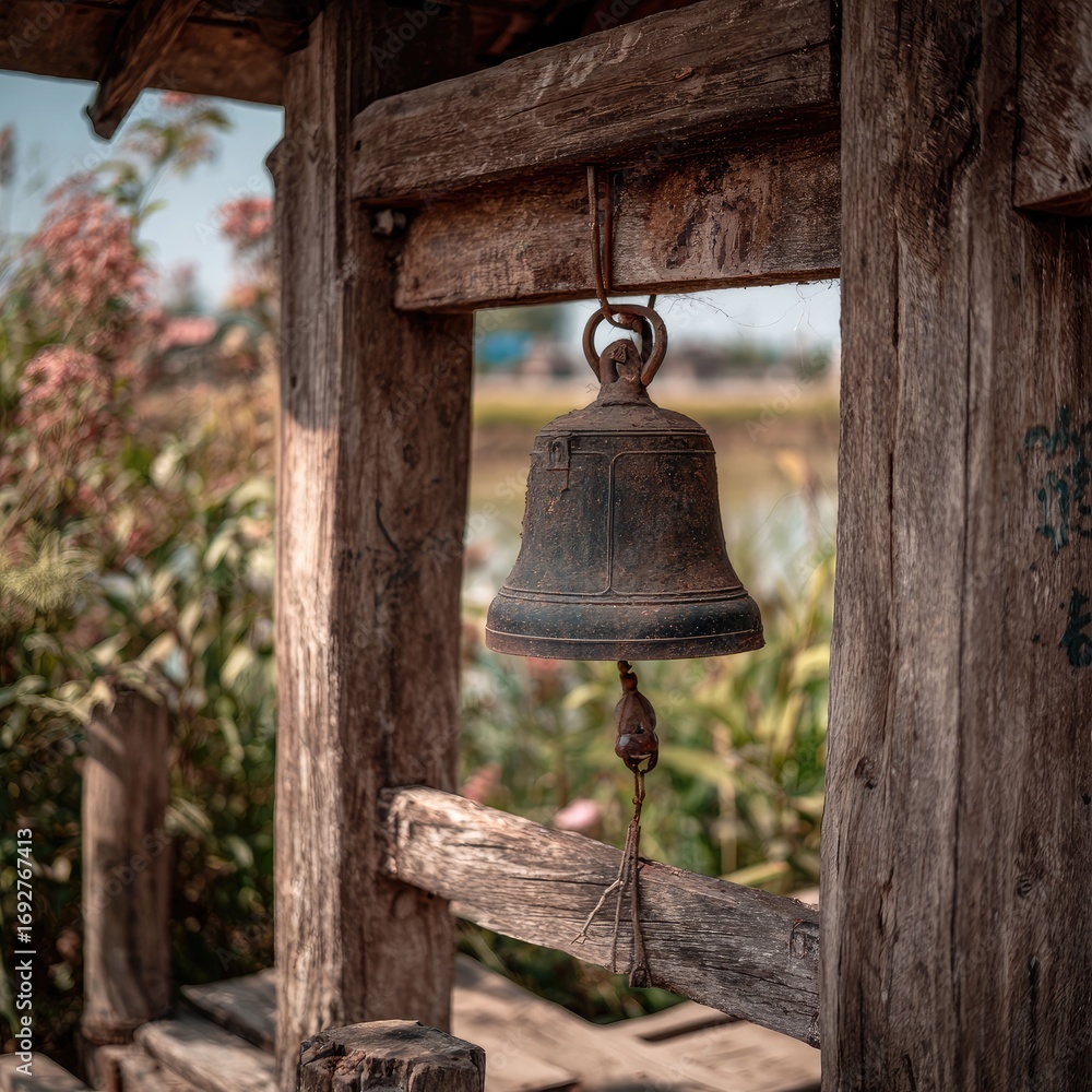 Obraz premium Temple bell hanging from old wooden frame in a rural pagoda
