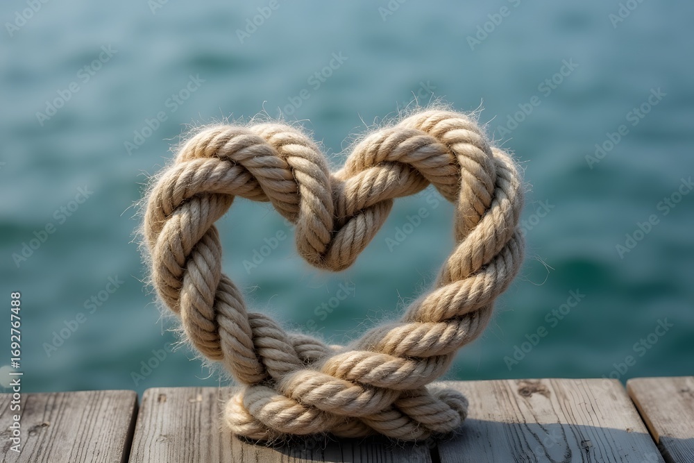 Fototapeta premium Two intertwined ropes forming a heart on a dock. 