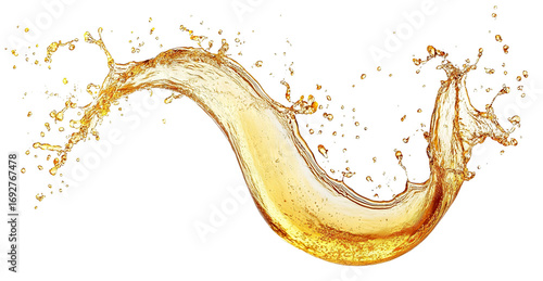 Curved splash of golden beer with foam bubbles, isolated on transparent cutout background