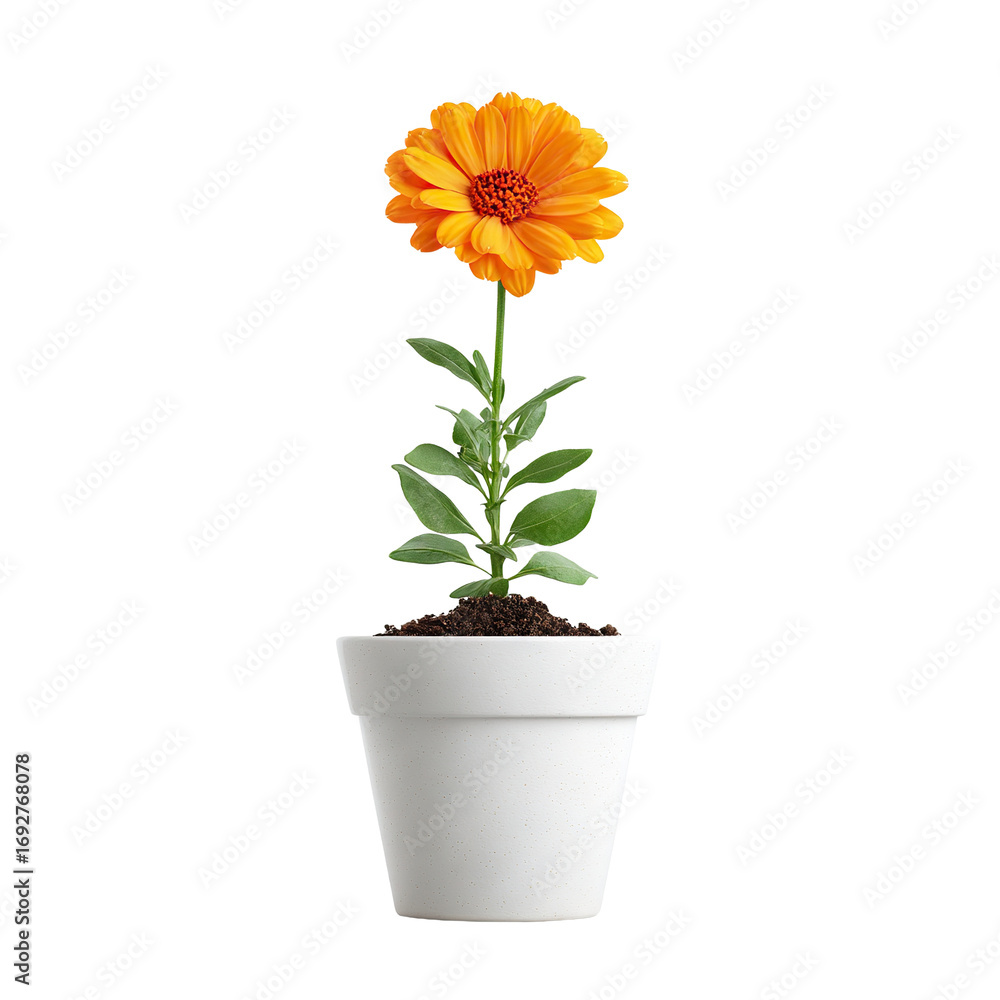 Fototapeta premium Bright orange gerbera flower in white pot, isolated on transparent cutout background