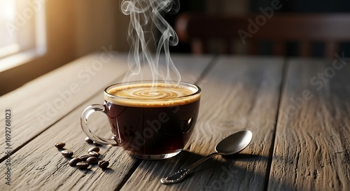 Steaming Cup of Coffee on a Wooden Table.