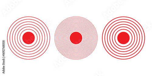 Sound wave vector icons. Circle radar or sonic sonar signals, pulses. Speaker with noise energy in air graphic. Round radio frequency. Abstract radial vibration symbol on white background. Loud scan.