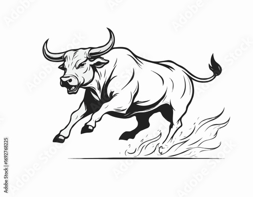Angry bull running in fire hand drawn sketch Vector illustration.