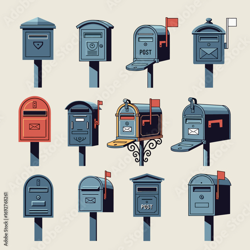 Collection of various mailboxes and letterboxes in different designs and colors showcasing postal delivery systems