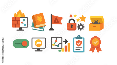Cybersecurity and data protection icon set. flat technology, safety symbols
