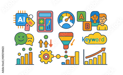 Business and analytics flat icon set for productivity and teamwork visualization