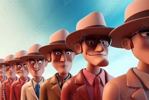 A line of cartoonish men in hats smiling against a vibrant sky, showcasing camaraderie and style