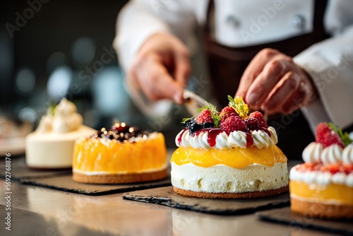 pastry chef decorating elegant fruit cakes with fresh raspberries, blueberries, whipped cream and glaze in a professional kitchen, showcasing gourmet patisserie and artisanal dessert presentation