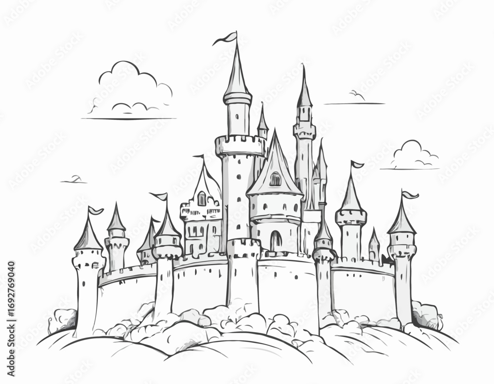 Fototapeta premium Fairy tale castle hand drawn sketch llustration