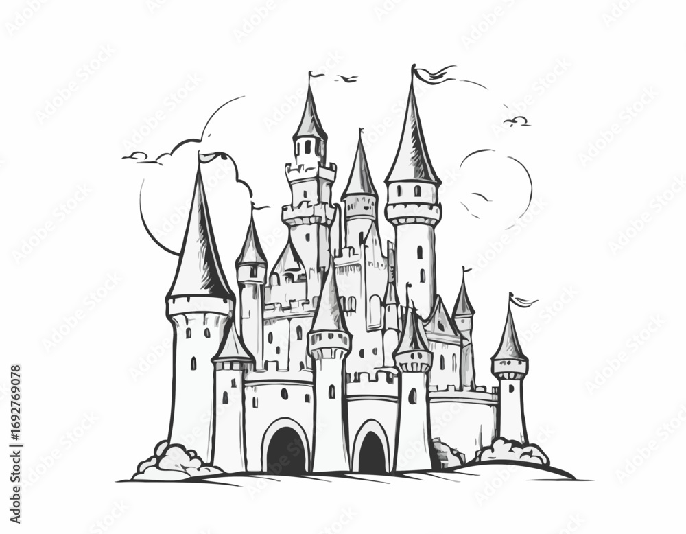 Fototapeta premium Fairy tale castle hand drawn sketch llustration
