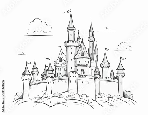 Fairy tale castle hand drawn sketch llustration