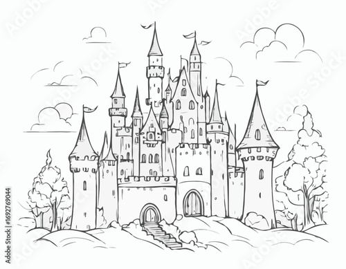 Fairy tale castle hand drawn sketch llustration