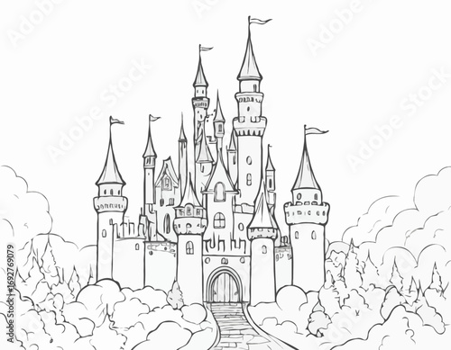 Fairy tale castle hand drawn sketch llustration