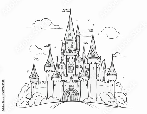 Fairy tale castle hand drawn sketch llustration