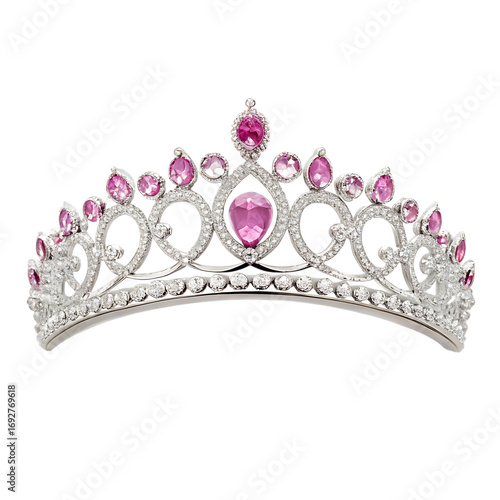 Elegant silver tiara with pink gemstones and sparkling diamonds isolated on transparent background