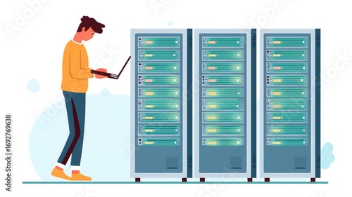 IT Specialist Working with Server Racks, Data Center Illustration