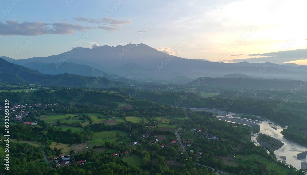 Fototapeta premium Panoramic aerial view of a valley with mountains