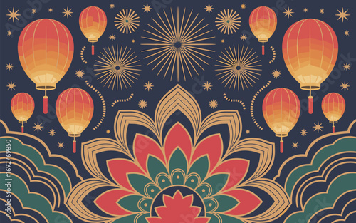 Asian Lanterns and Floral Design with Fireworks and Star Accents