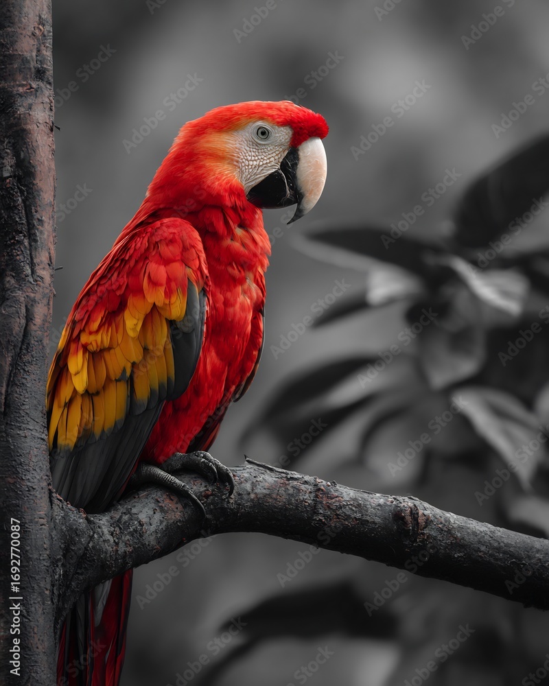 Fototapeta premium Selective color close up of macaw perched tree branch vivid red and yellow feathers highlighted against grayscale jungle