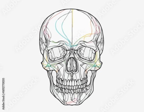 Human skull in colors sketch hand drawn in doodle style Vector illustration.