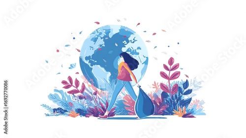 Woman Cleaning Up Planet Earth, Environmental Conservation Illustration