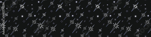 Seamless starry night pattern with glowing sparkles and shimmering light effects on dark background. Ideal for cosmic, fantasy, or festive design themes. Vector backdrop for elegant visuals.