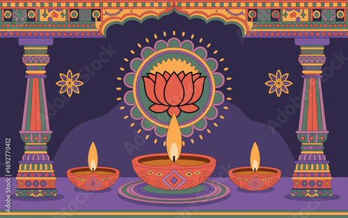 Diwali Lotus Flower and Oil Lamps Decorative Design Vector Graphic