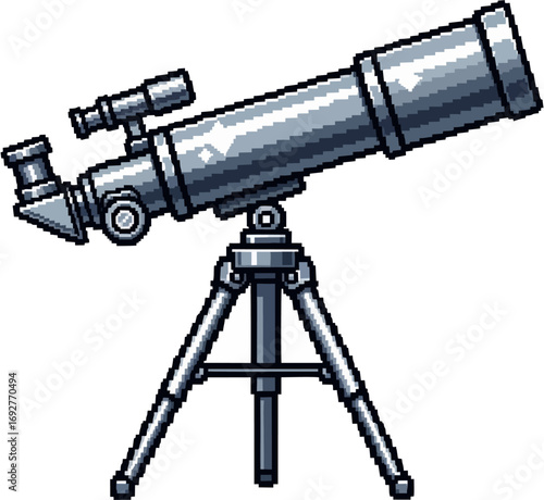 Pixelated illustration of a modern astronomical telescope on a tripod, ready for observation.