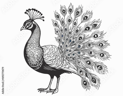 Peacock sketch, hand drawn in engraving style Vector illustration